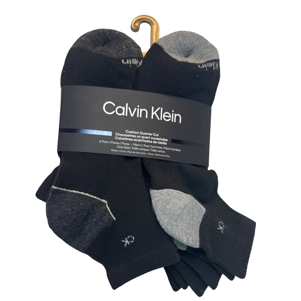 Calvin Klein Mens 6 Pair Cushion Quarter Cut Socks Black Grey